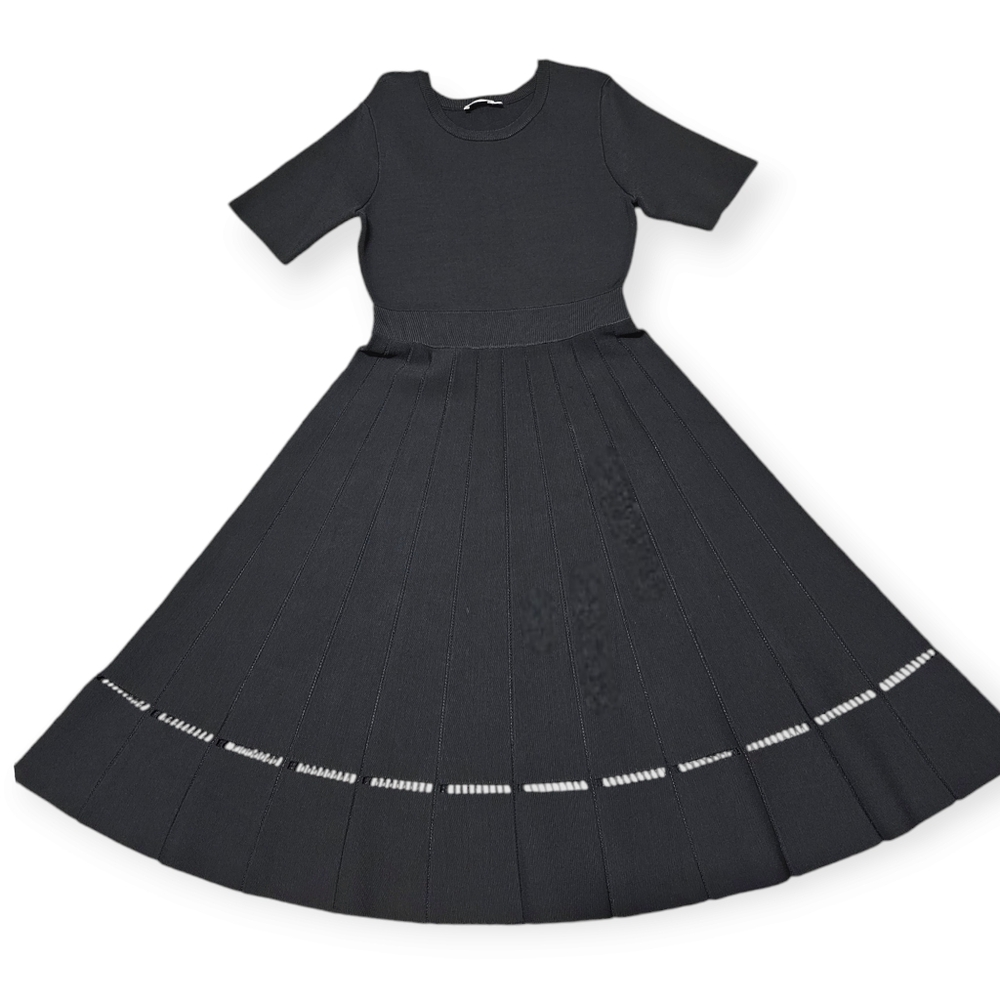 A.L.C. Short Sleeve Pleated Fit and Flare Pleated Midi Dress